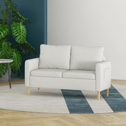 56" 2 Seat Sofa, Modern Love Seats Furniture, Upholstered 2 Seater Couch with Side Pockets, Solid Wood Frame, White