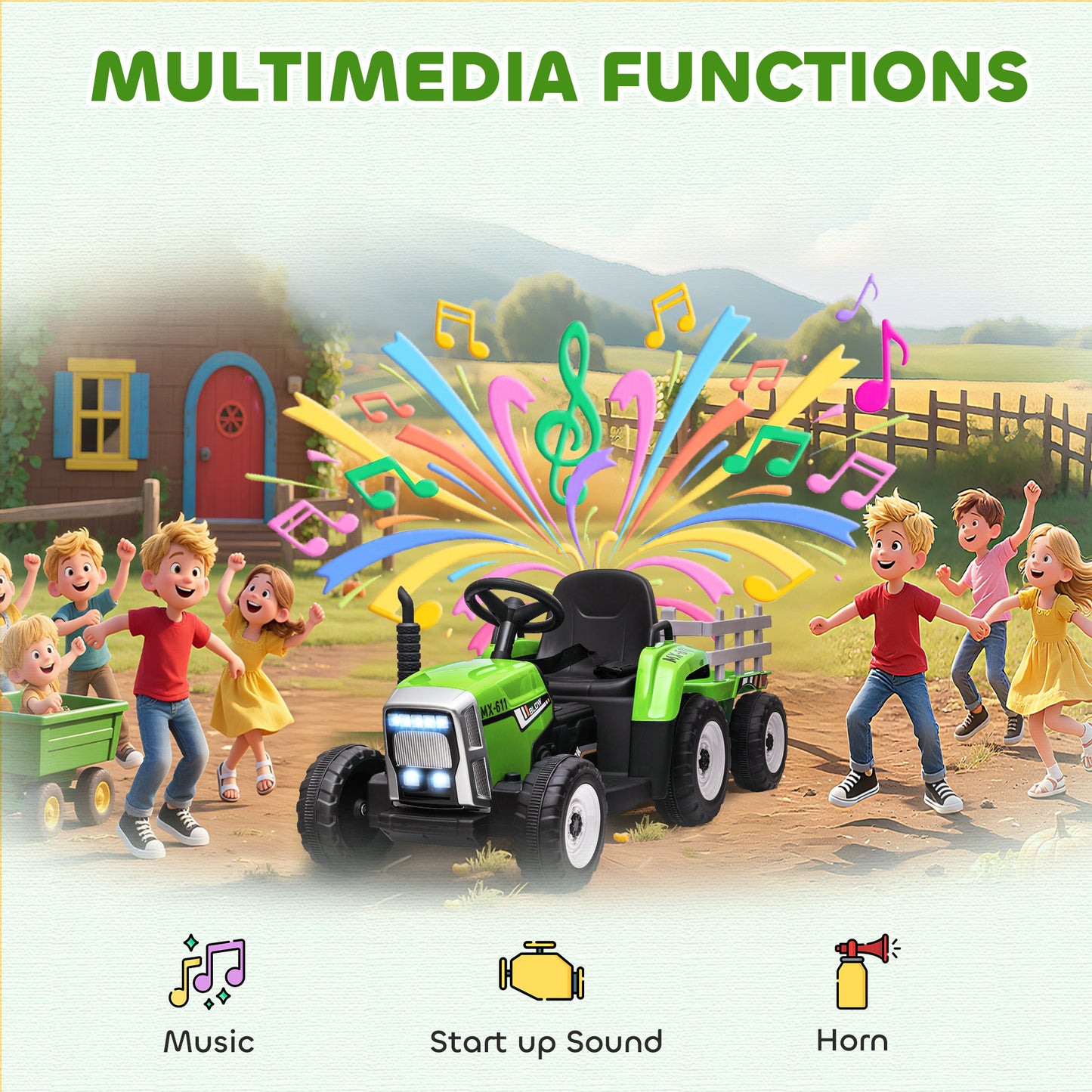 VarietyKart 12V Kids Ride on Tractor with Trailer, Battery Powered Electric Kids Car with Remote Control, Music Start up