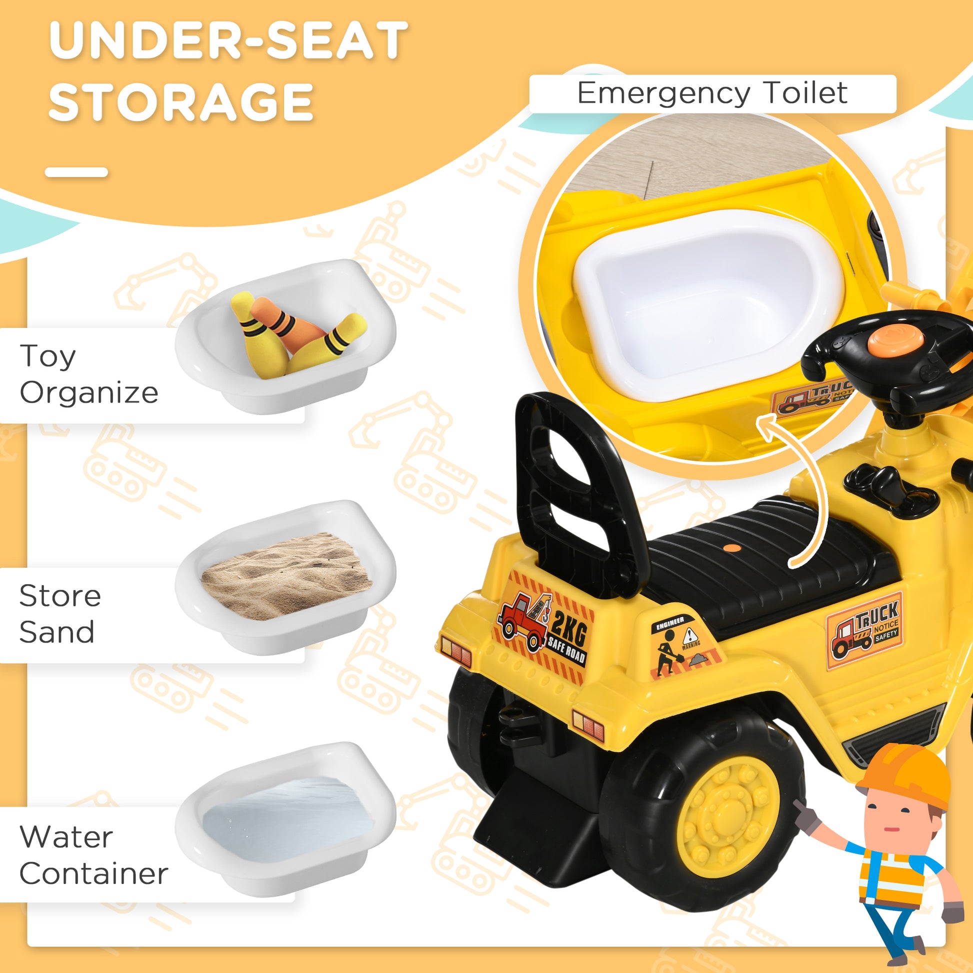 VarietyKart Ride On Excavator Toy No Power Digger with Realistic Sound Grabber Storage, for 2-4 Years Old, 32.7"x10.6"x1