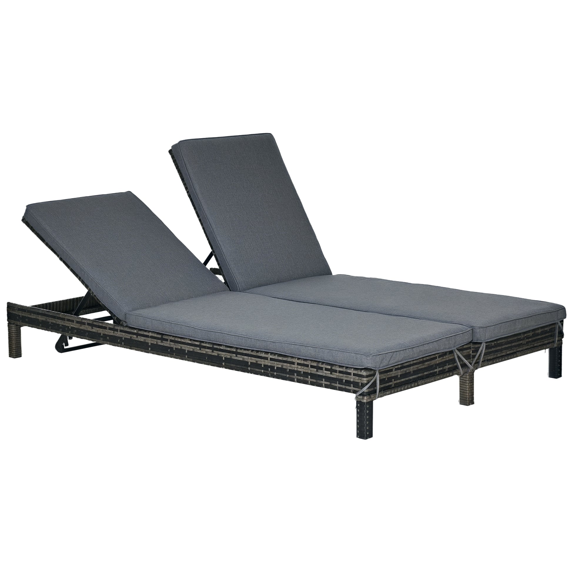 Wicker Double Chaise Lounge Chair Outdoor Recliner 2 Person Rattan Patio Reclining Sunbed Furniture Cushioned w/Adjustab