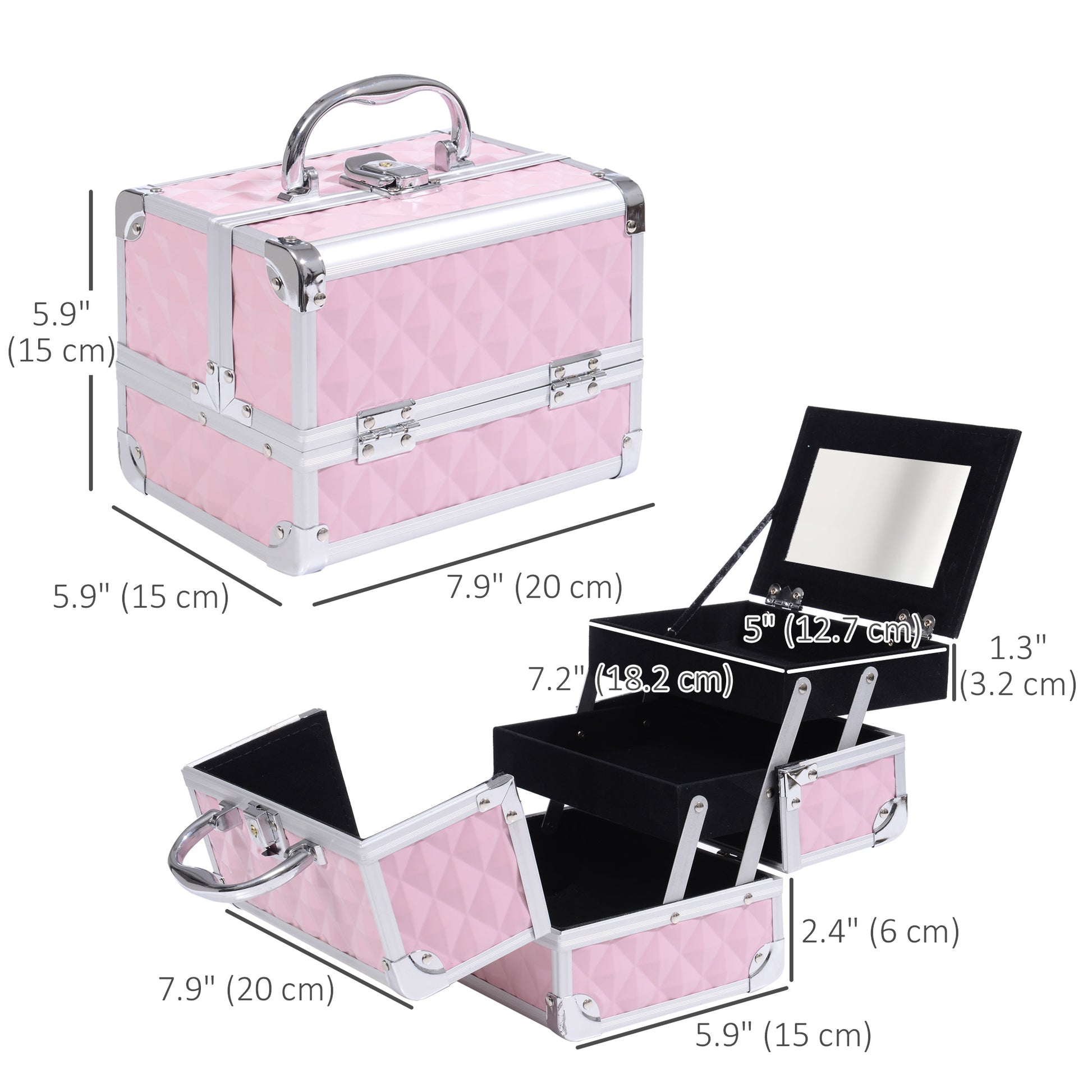 3-Tier Makeup Train Case with Mirror - Pink - Image 2