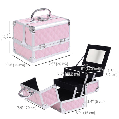 3-Tier Makeup Train Case with Mirror - Pink - Image 2