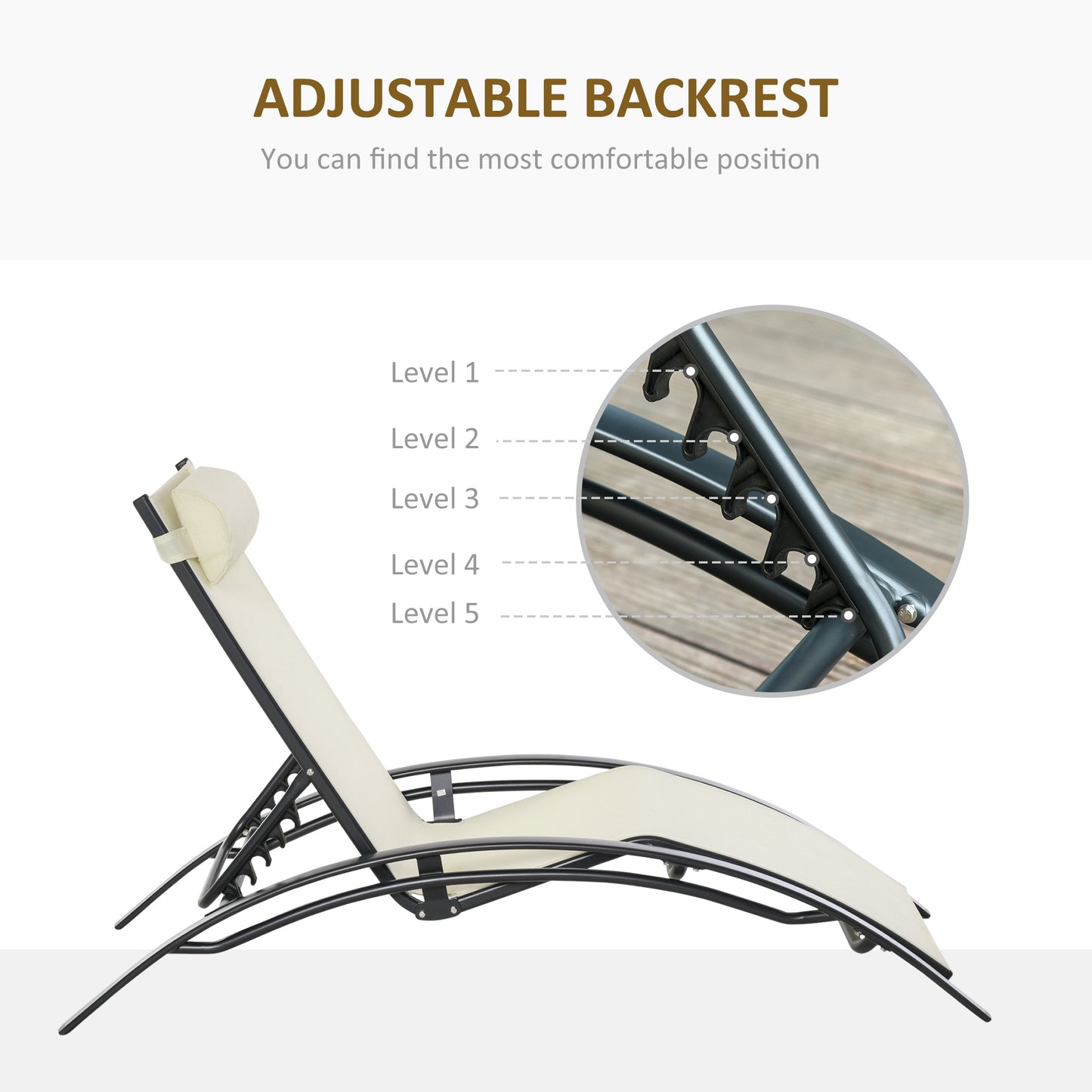 Patio Lounge Chair, Aluminum Reclining Outdoor Tanning Chair with 5-Level Adjustable Backrest, Head Pillow and Breathabl