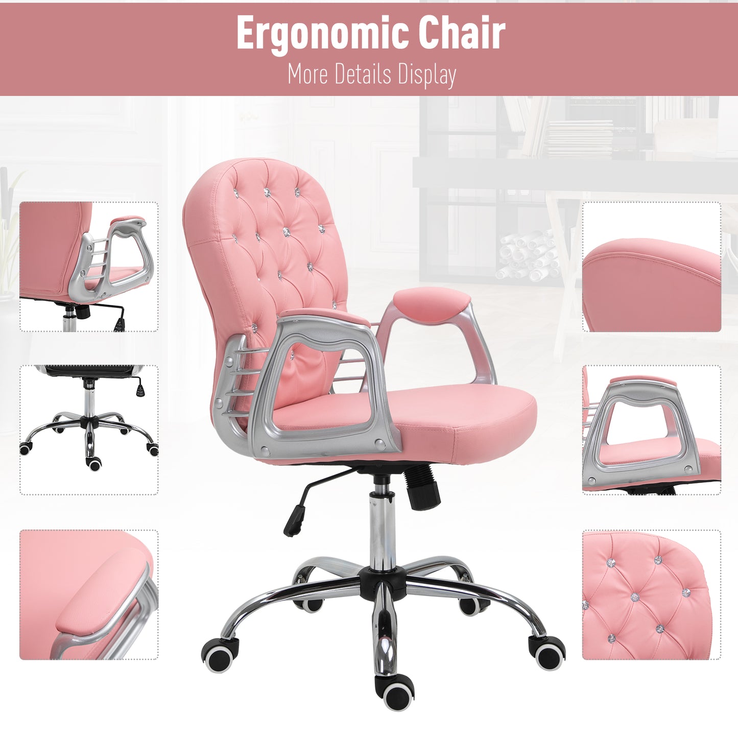 Office Chair, Computer Desk Chair with Adjustable Height and Tufted Back, Pink