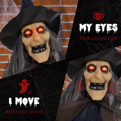 6.2' Life Size Decoration Animatronic Witch w/ Broomstick Outdoor Halloween, Sound & Motion Activated w/ Light Up Eyes