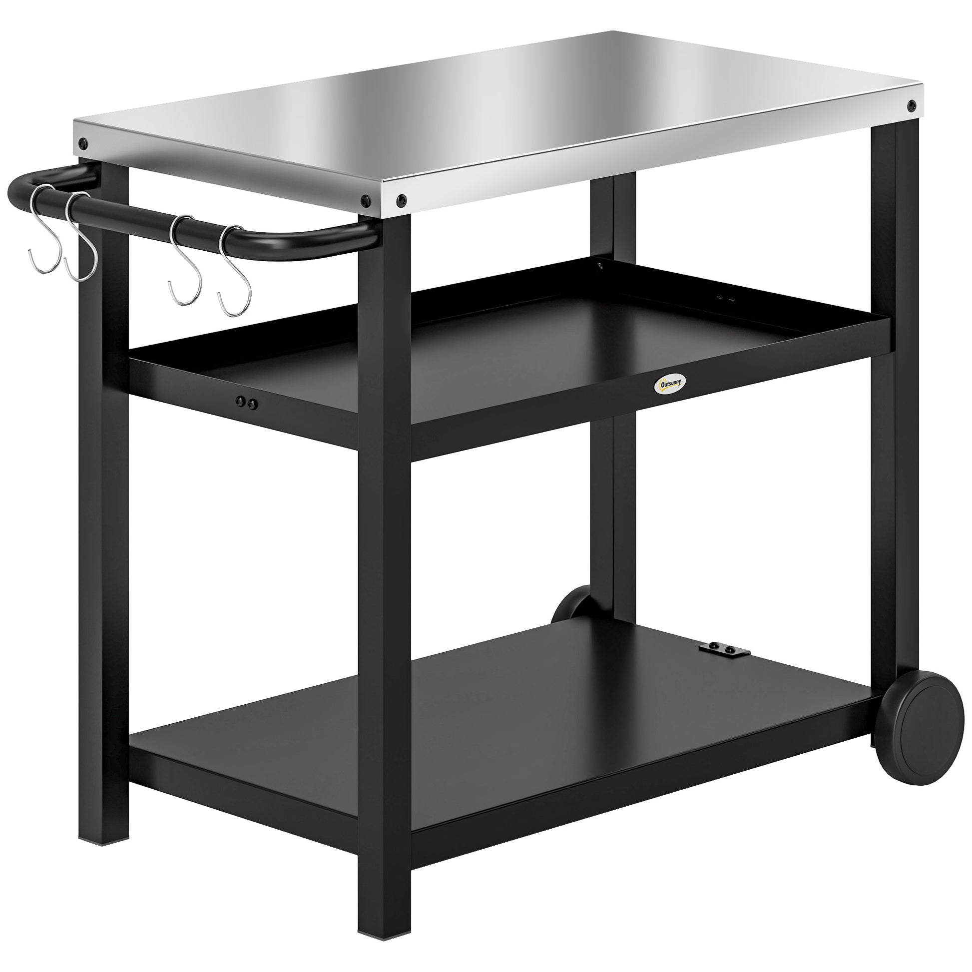 3-Shelf Outdoor Grill Dining Cart Pizza Oven Stand with Stainless Steel Top, Movable BBQ Food Prep Table Outdoor Kitchen