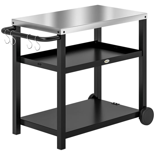 3-Shelf Outdoor Grill Dining Cart Pizza Oven Stand with Stainless Steel Top, Movable BBQ Food Prep Table Outdoor Kitchen