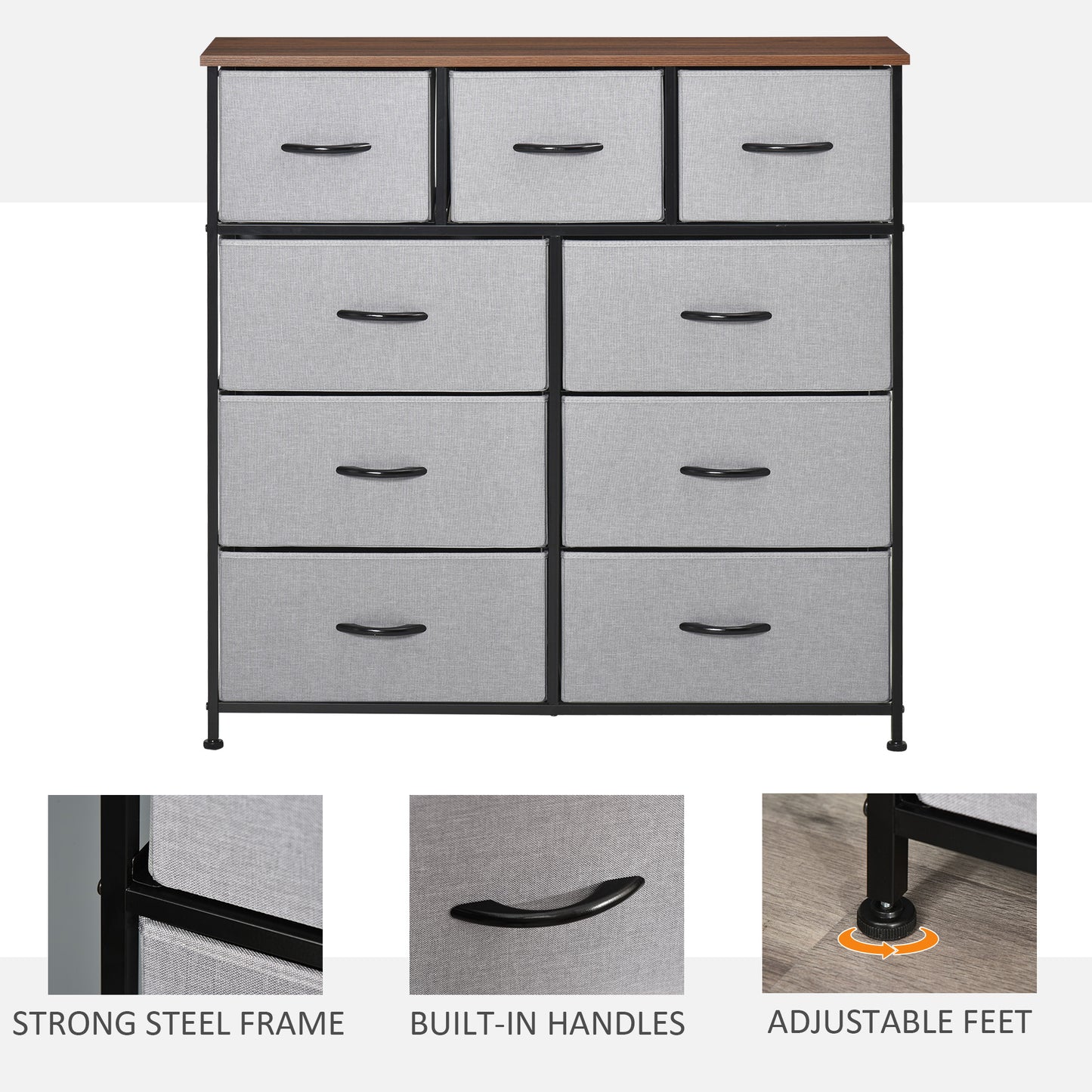Dresser for Bedroom with 9 Drawers, 4-Tier Fabric Chest of Drawers, Tall Dresser Storage Tower with Steel Frame and Wood