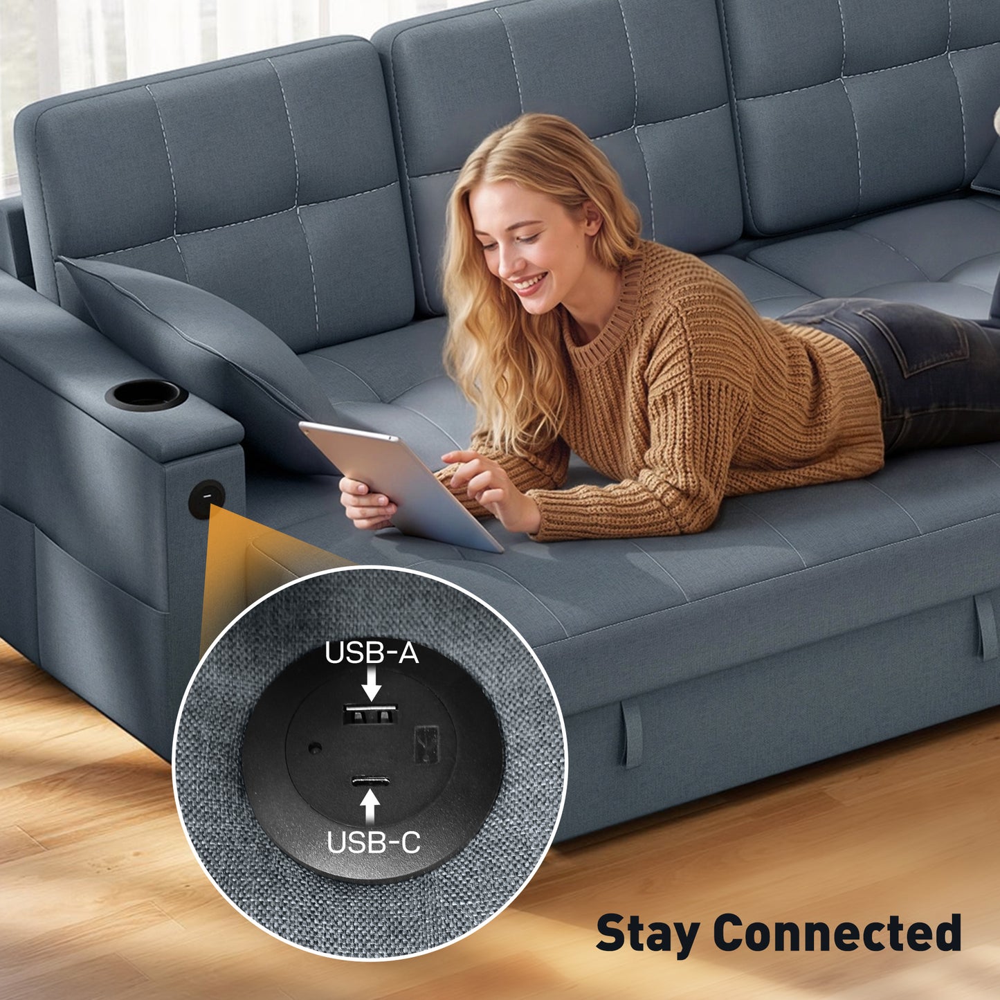 Convertible Sectional Sofa Bed, Pull Out Sleeper Sofa Couch with USB‑A+C, Chaise Storage, L-Shaped Futon Couch, Dark Gre