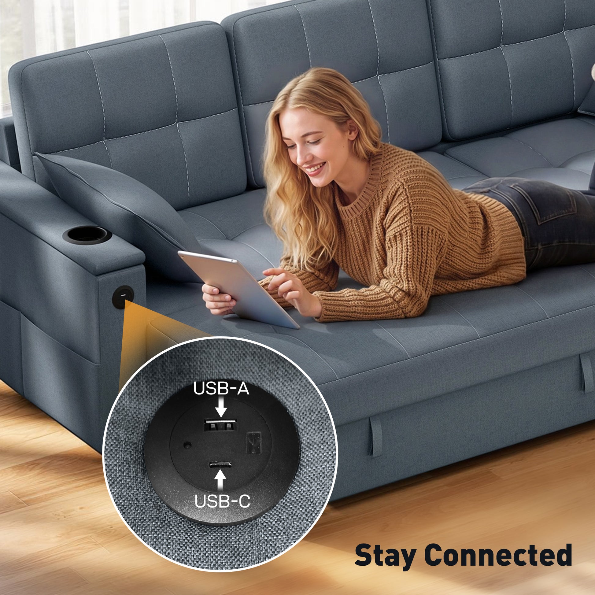 Convertible Sectional Sofa Bed, Pull Out Sleeper Sofa Couch with USB‑A+C, Chaise Storage, L-Shaped Futon Couch, Dark Gre