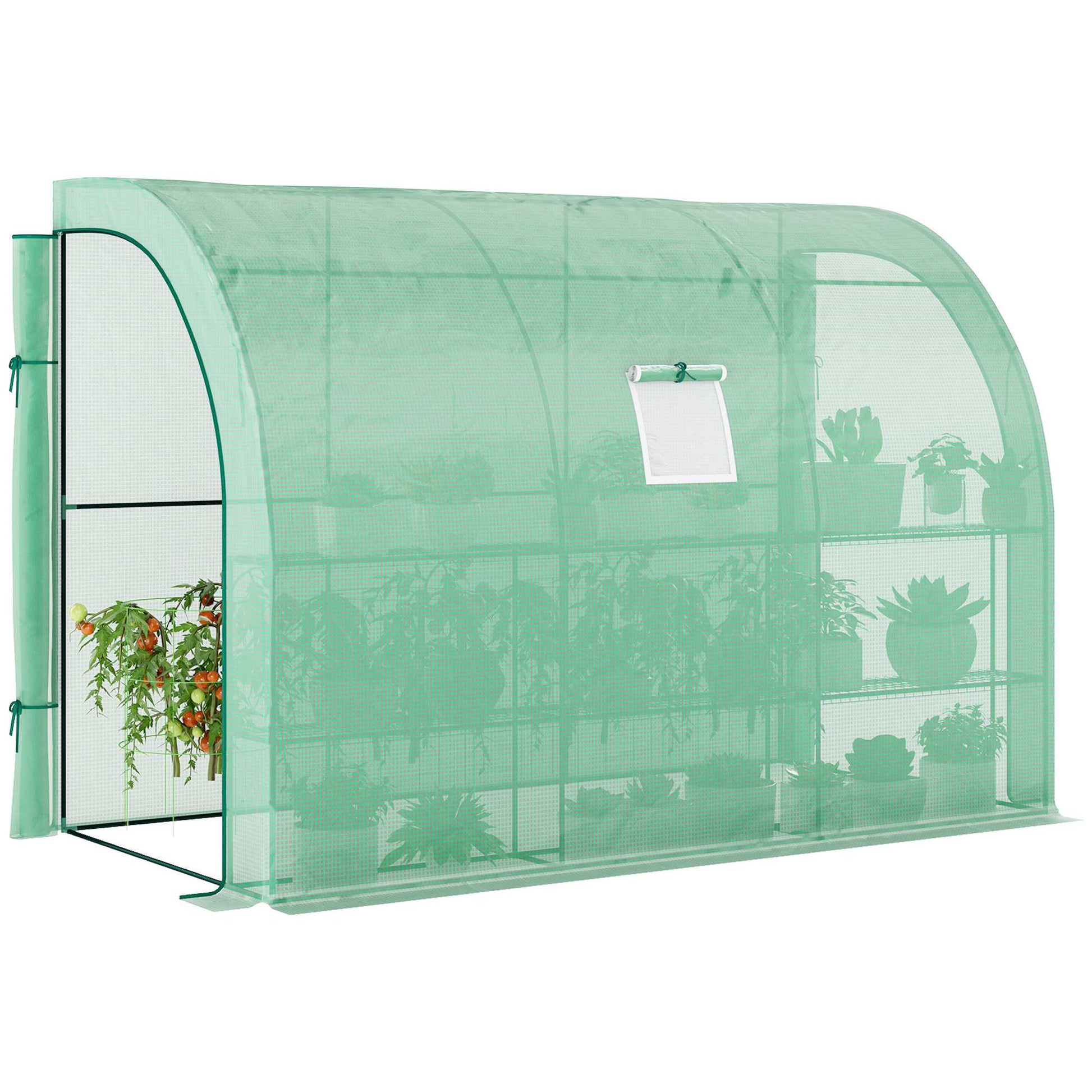 Walk-in Wall Lean-to Greenhouse, 10' x 5' x 7' Outdoor Gardening Green House with PE Cover, Windows, Shelves and 2 Zippe