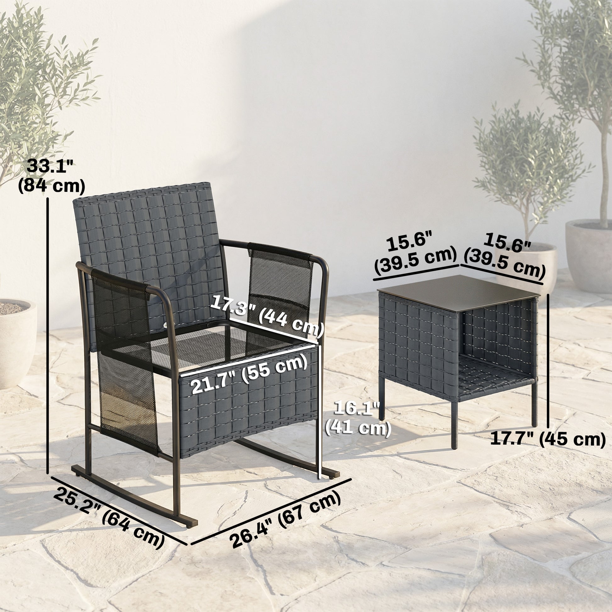 3 Pieces Rocking Bistro Set Outdoor Patio Furniture Set with Side Pockets, Mesh Seat, Cushions, 2-Tier Table, Grey