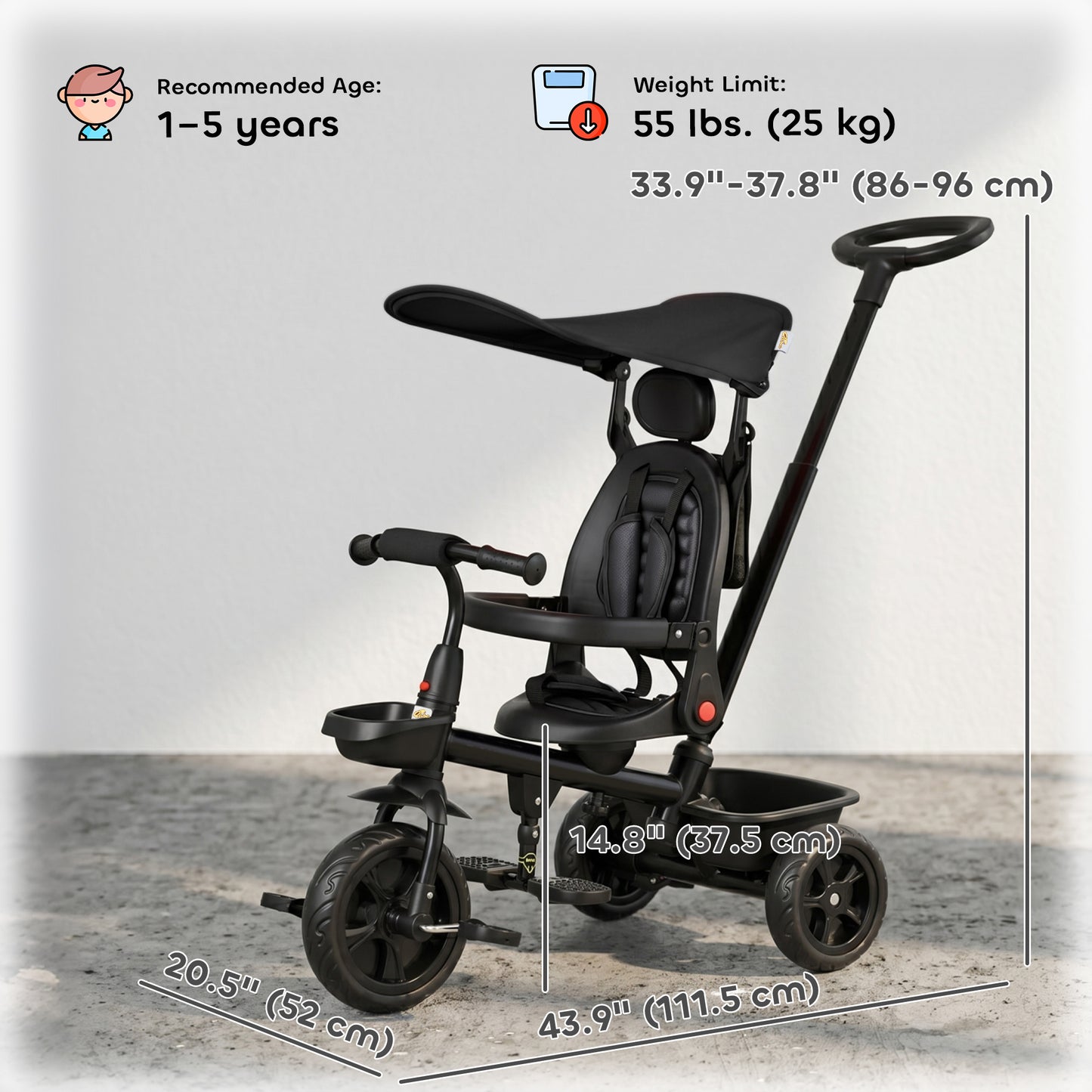 Qaba Tricycle for Toddler 5 in 1 Kids Trike, Converts Stroller to Toddler Bike, Adjustable Backrest & Flat Canopy, Detac