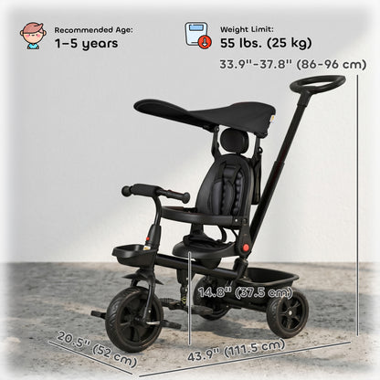 Qaba Tricycle for Toddler 5 in 1 Kids Trike, Converts Stroller to Toddler Bike, Adjustable Backrest & Flat Canopy, Detac