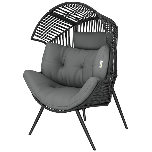 Wicker Egg Chair, Indoor Outdoor Rattan Lounge Chair with Thick Cushion and Headrest, Steel Frame, Adjustable Pads, Grey