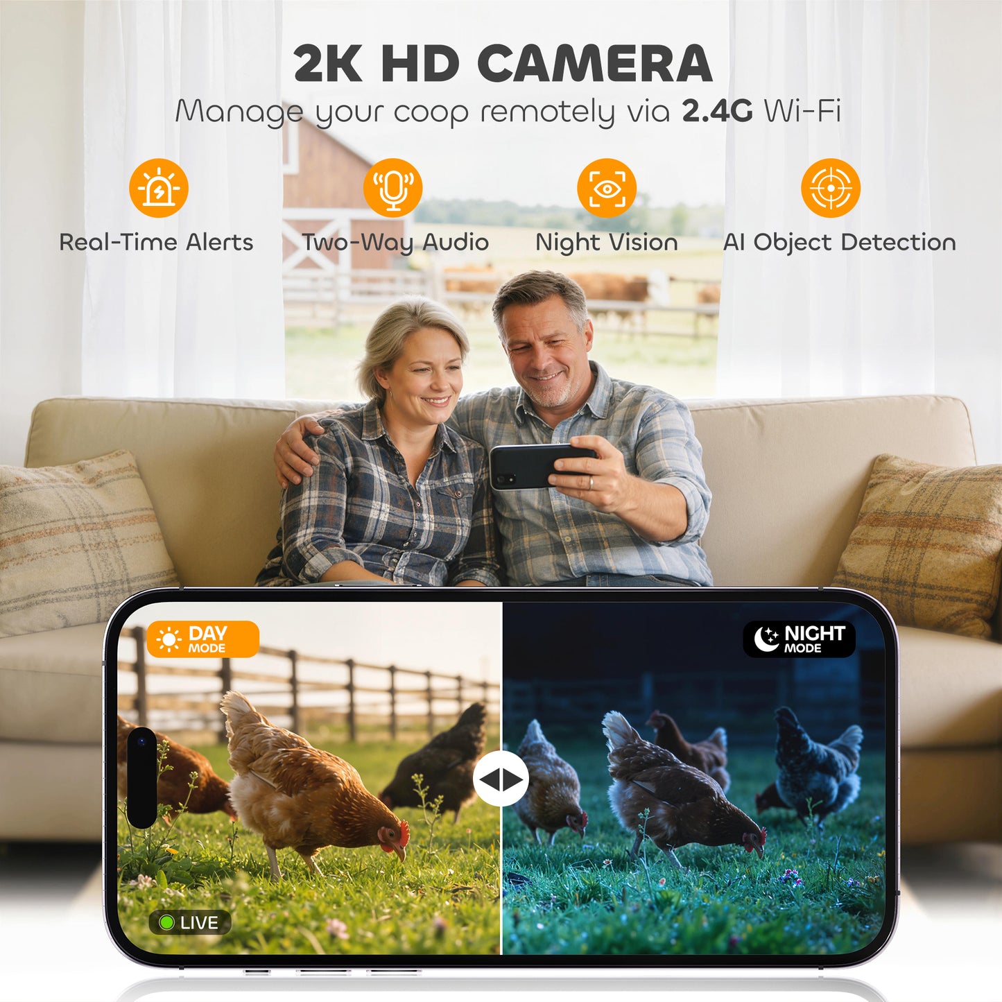 2K HD AI Camera Automatic Chicken Coop Door with APP, WiFi Solar Powered with 5200 mAh Large Battery, Alarm Driver