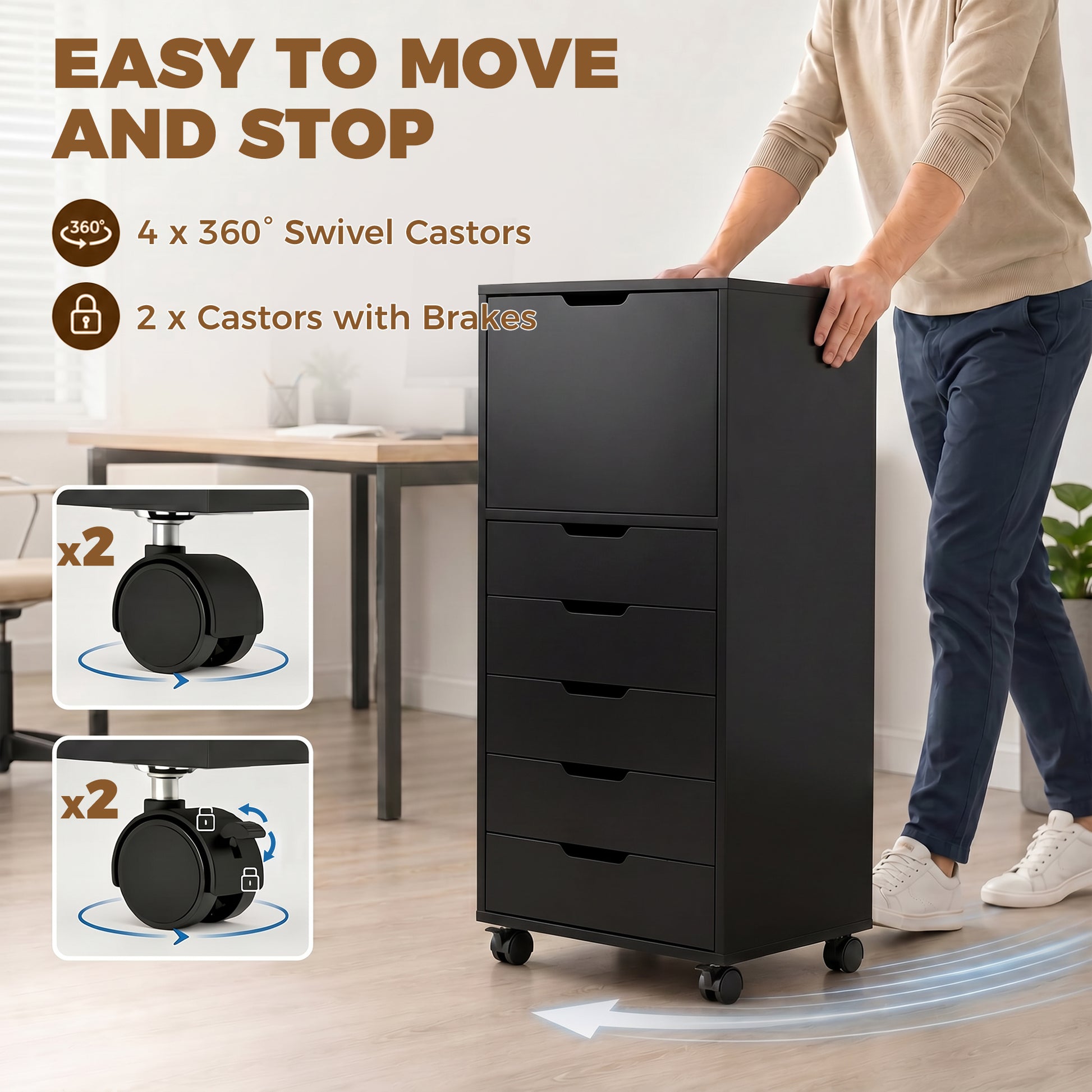 File Cabinet on Wheels Mobile Printer Stand with 5 Drawers for Home Office Black