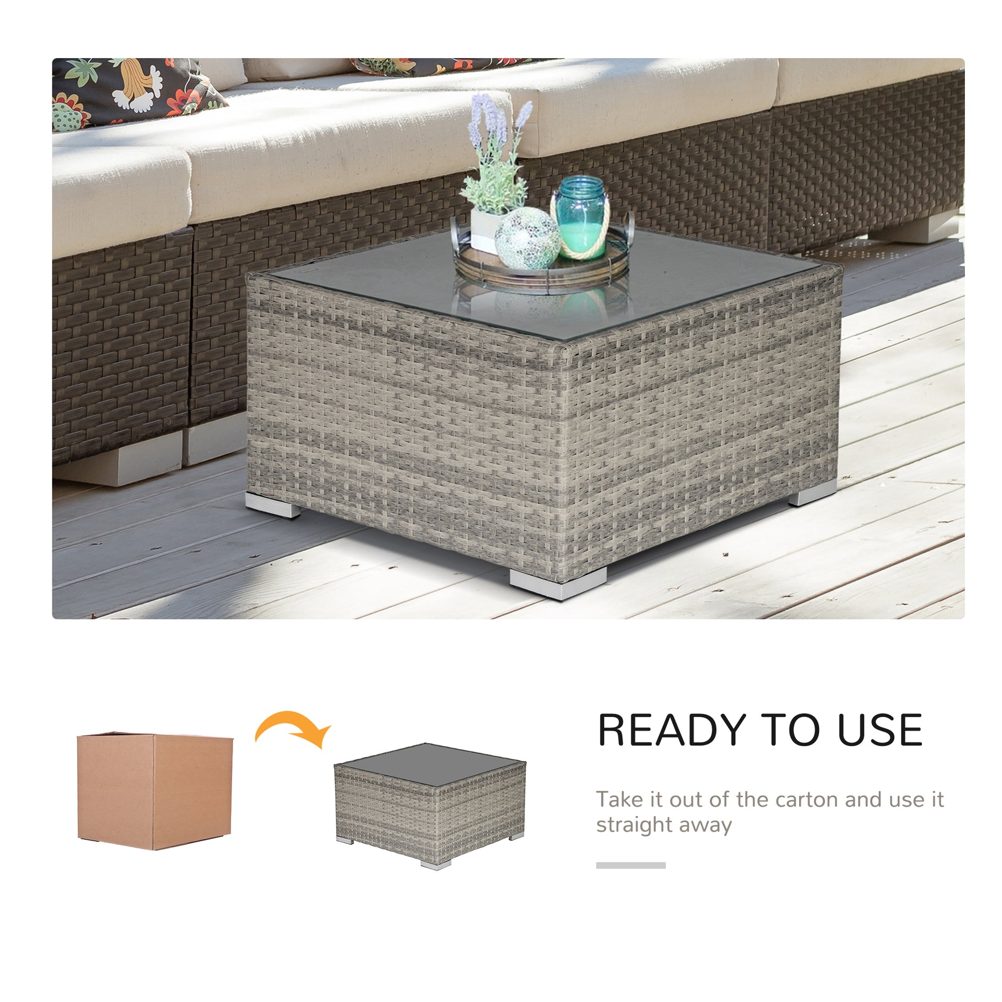 Rattan Garden Coffee Table, 25.6" Square Garden Rattan Table with Tempered Glass Top, Grey