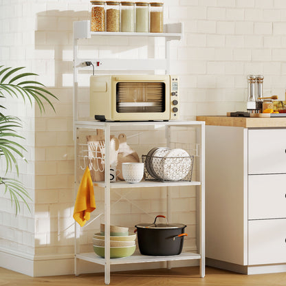Kitchen Baker's Rack with Power Outlet, Coffee Bar Station with Adjustable Shelves and Hooks, Distressed White
