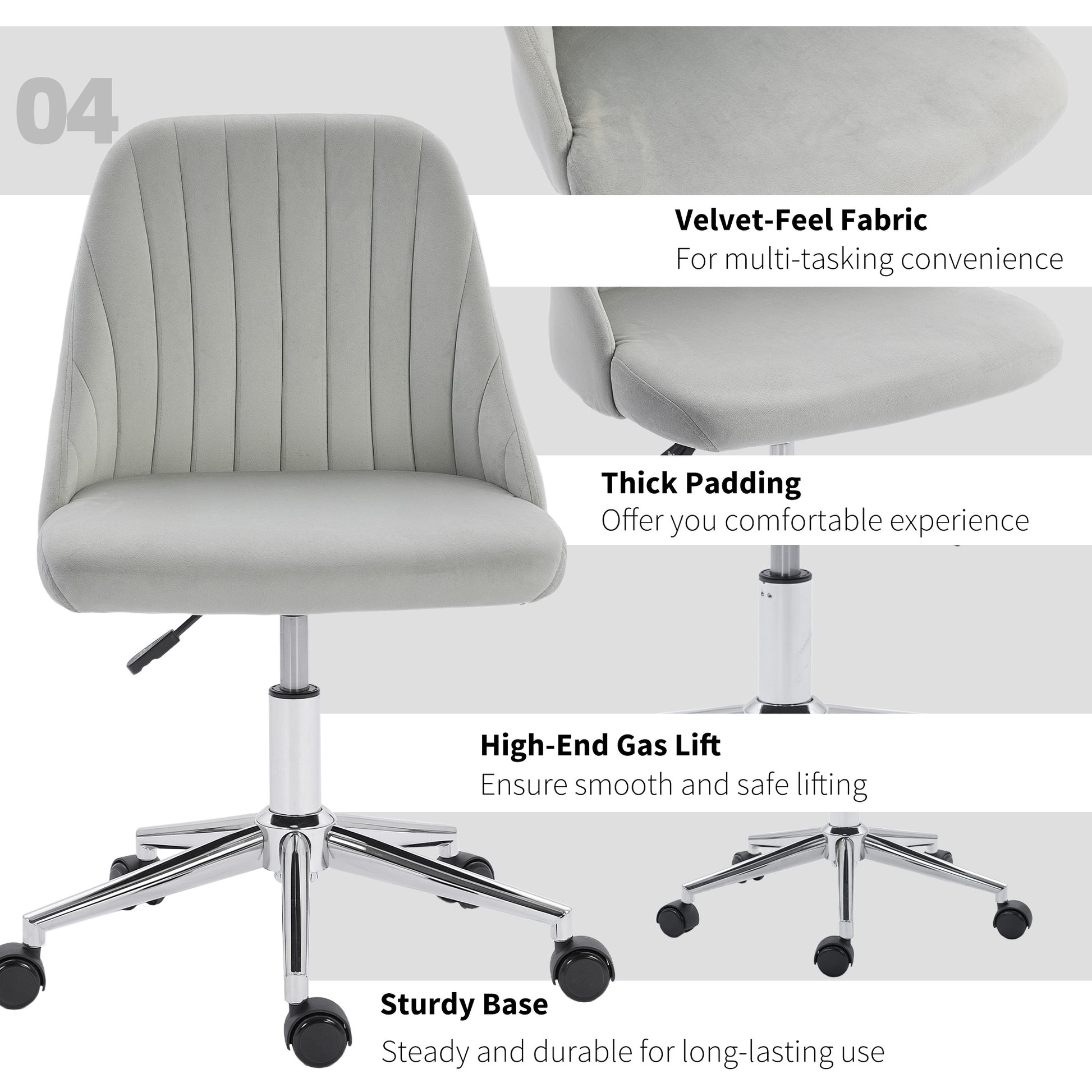 Vanity Chair for Makeup, Velvet Comfy Office Chair with Adjustable Height, Swivel Wheels for Bedroom, Living Room, Grey