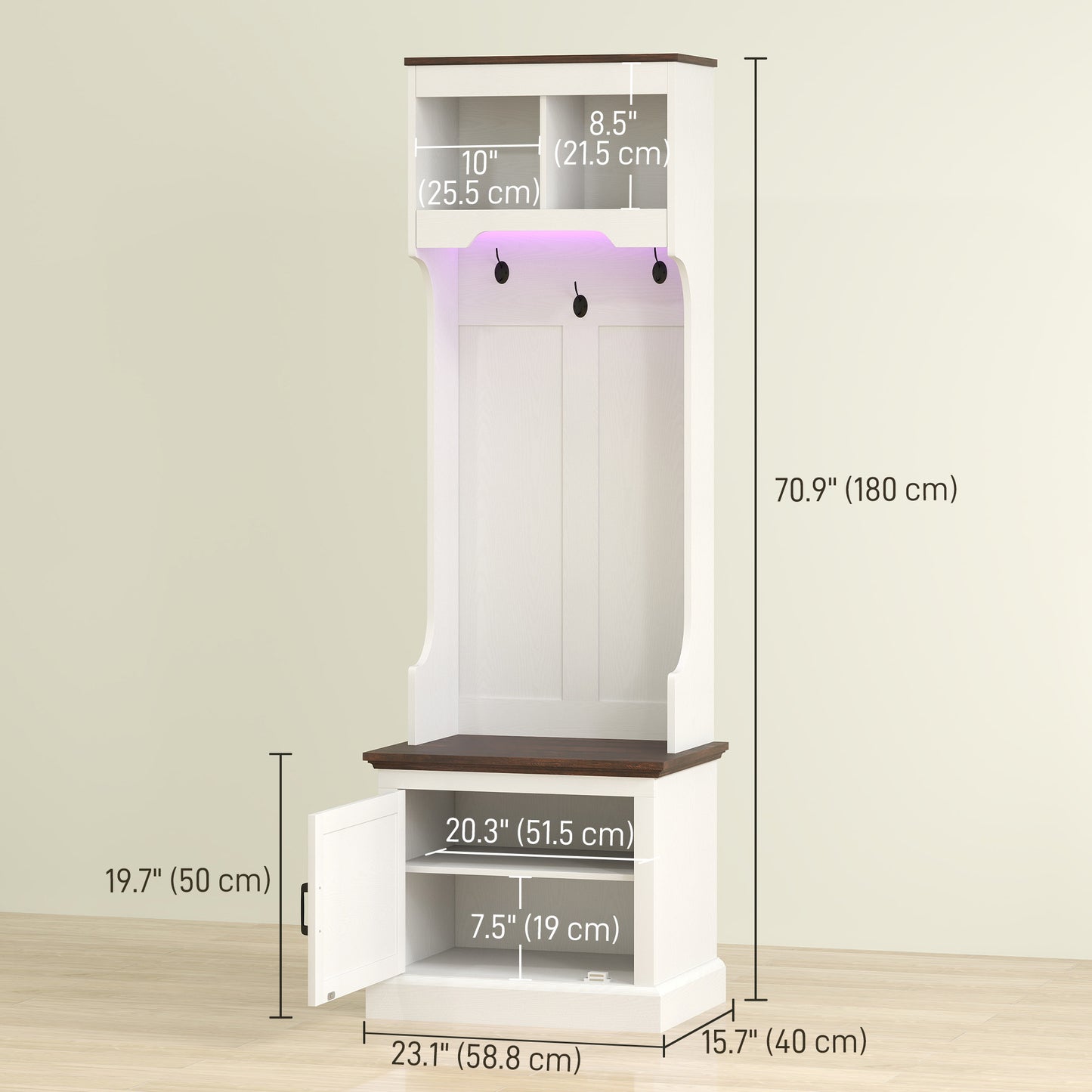 3-in-1 Hall Tree with LED Lights and Bench, Coat Rack with Shoe Storage, White Wood Grain with Light