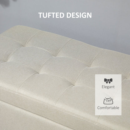 Rectangular Entry Bench, Tufted Upholstered Linen Fabric Wood Feet Storage Ottoman Bench, Beige