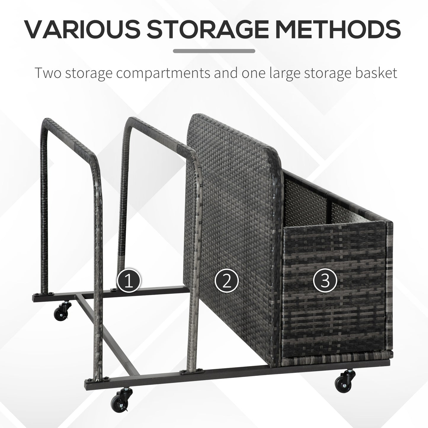 Rolling Pool Storage Rattan Patio Furniture Outdoor Storage Wicker Organizer for Floats, Paddles, Balls, Towels, Grey