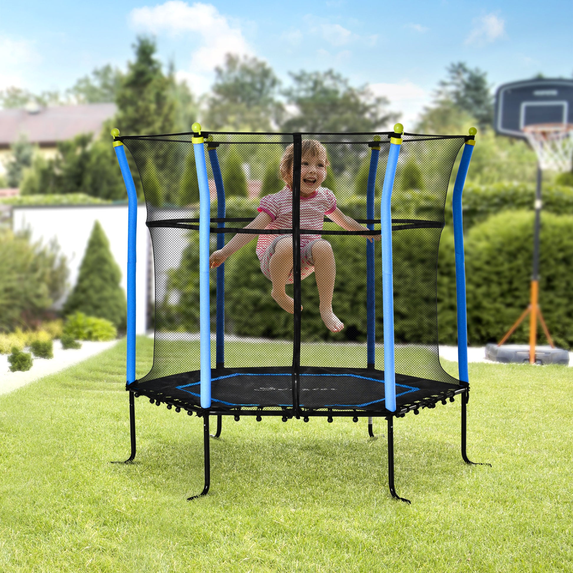 Soozier 63" Kids Trampoline Mini Indoor Bouncer Jumper with Enclosure Net Elastic Thick Padded Pole Gift for Child Toddl
