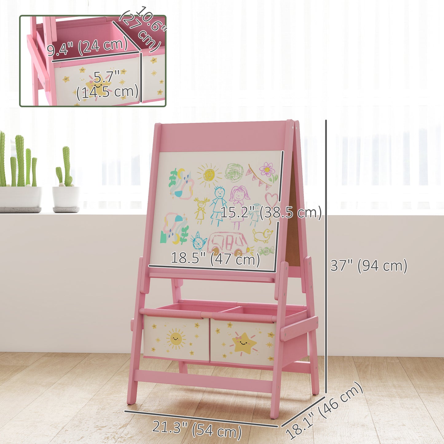 Qaba Art Easel for Kids, Double-Sided Whiteboard & Chalkboard with Paper Roll, 2 Storage Boxes, Gift for Boys, Girls, Pi