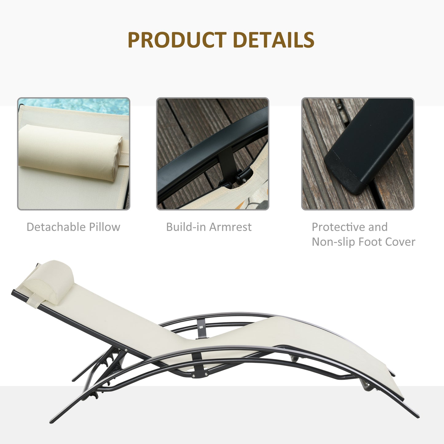Patio Lounge Chair, Aluminum Reclining Outdoor Tanning Chair with 5-Level Adjustable Backrest, Head Pillow and Breathabl