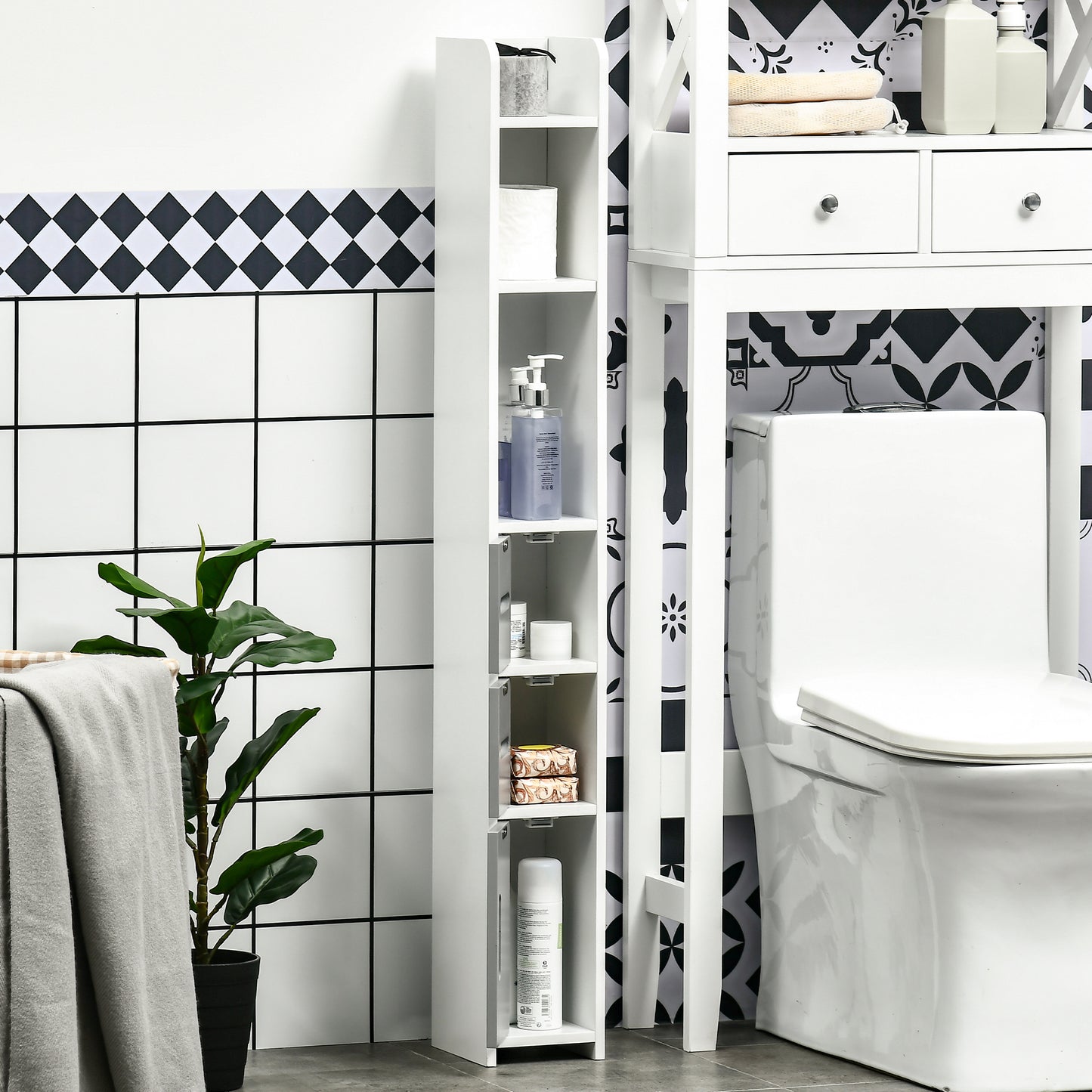 Freestanding Tall Bathroom Cabinet, Narrow Bathroom Storage Cabinet with Shelves and Cupboards, Grey and White