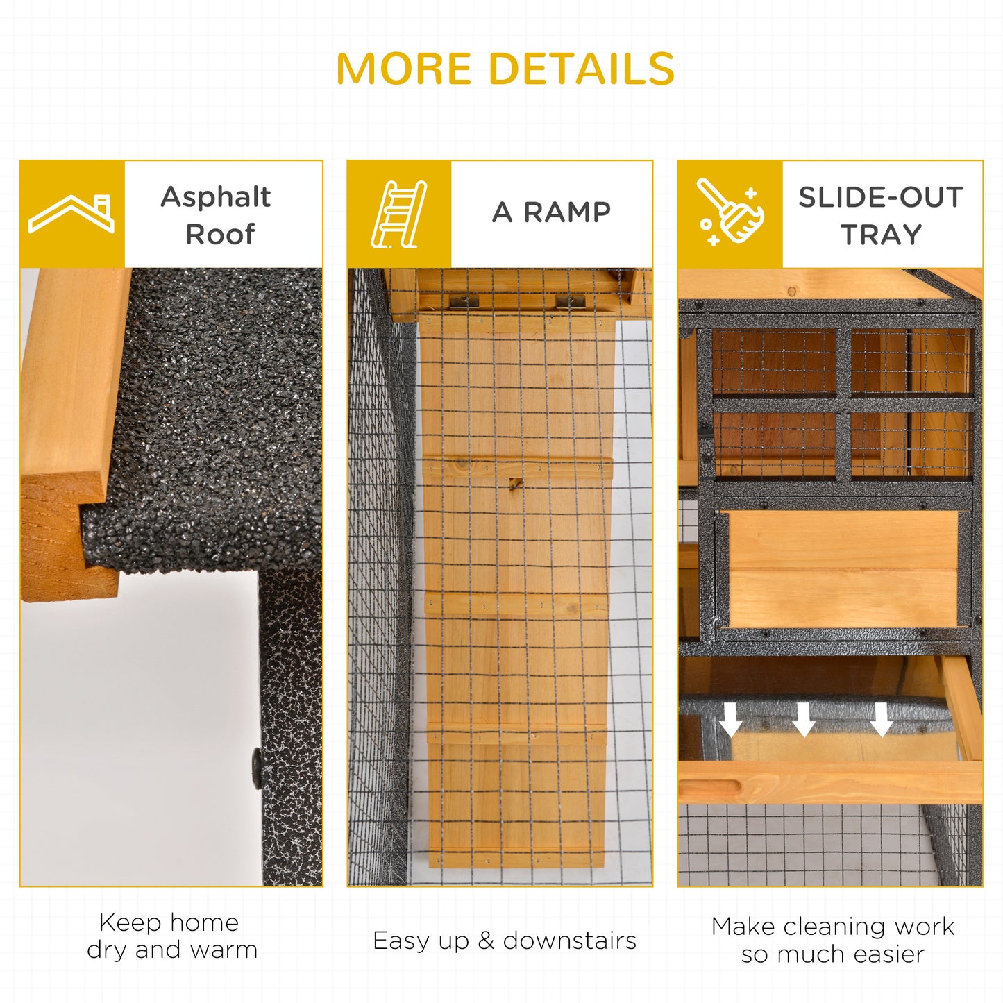 Rabbit Hutch Outdoor, 48"L Large Wooden Bunny Cage with Run, Bite-Resistant Metal Frame, Removable Plastic Tray, Asphalt