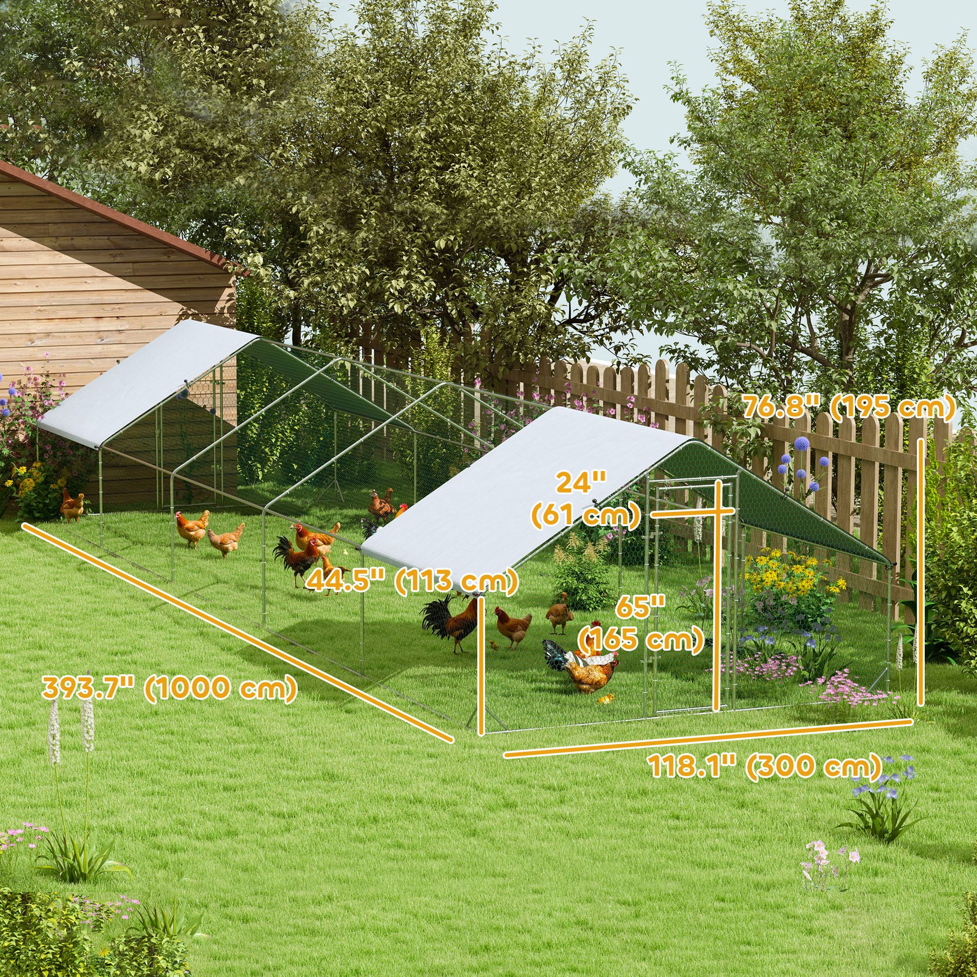 Metal Chicken Coop with Water & UV Protection Cover for Backyard Hen, Duck, Rabbit, 9.8' x 32.8' x 6.4'
