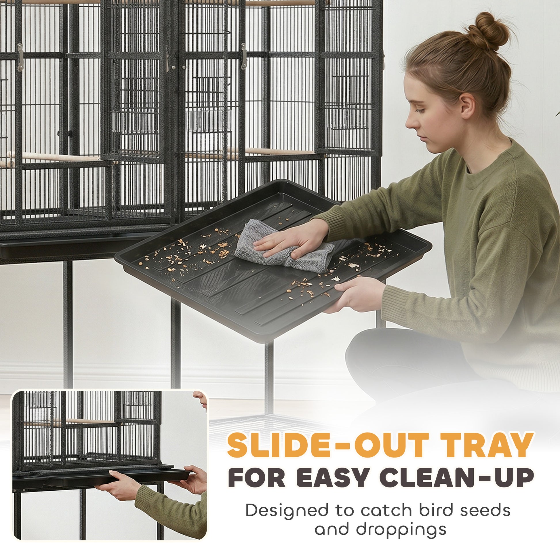 56"H Bird Cage, Parrot Cage w/ Detachable Rolling Stand, Removable Tray, Storage Shelf, Perches, Food Container