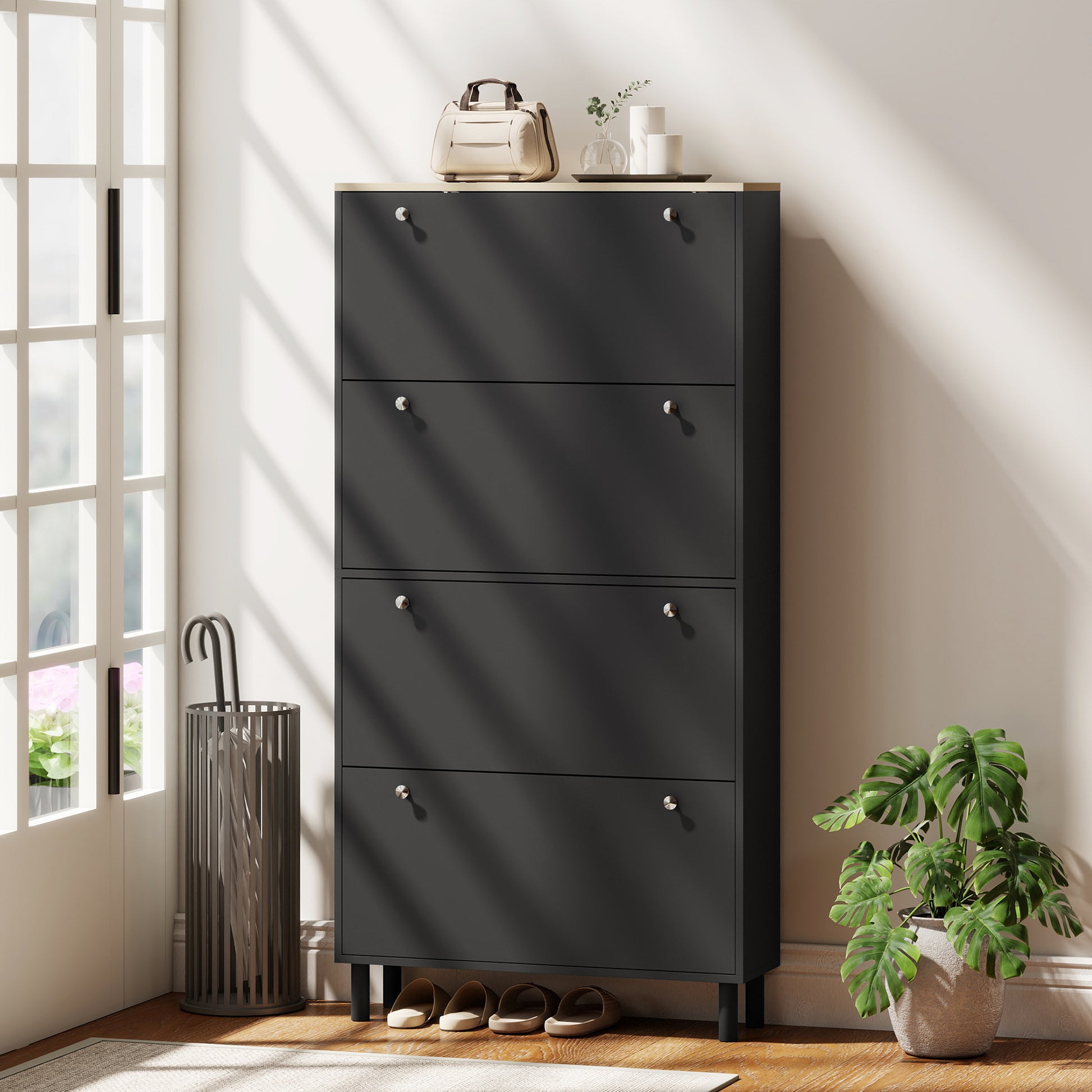 Narrow Shoe Cabinet with 4 Flip Drawers, Shoe Storage Cabinet with Adjustable Shelves, Holds 24–32 Pairs, Black