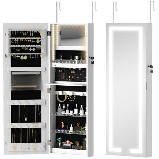 LED Lighted Jewelry Armoire with Mirror Jewelry Cabinet with Storage Lockable Door/Wall Mounted Jewelry Organizer, White