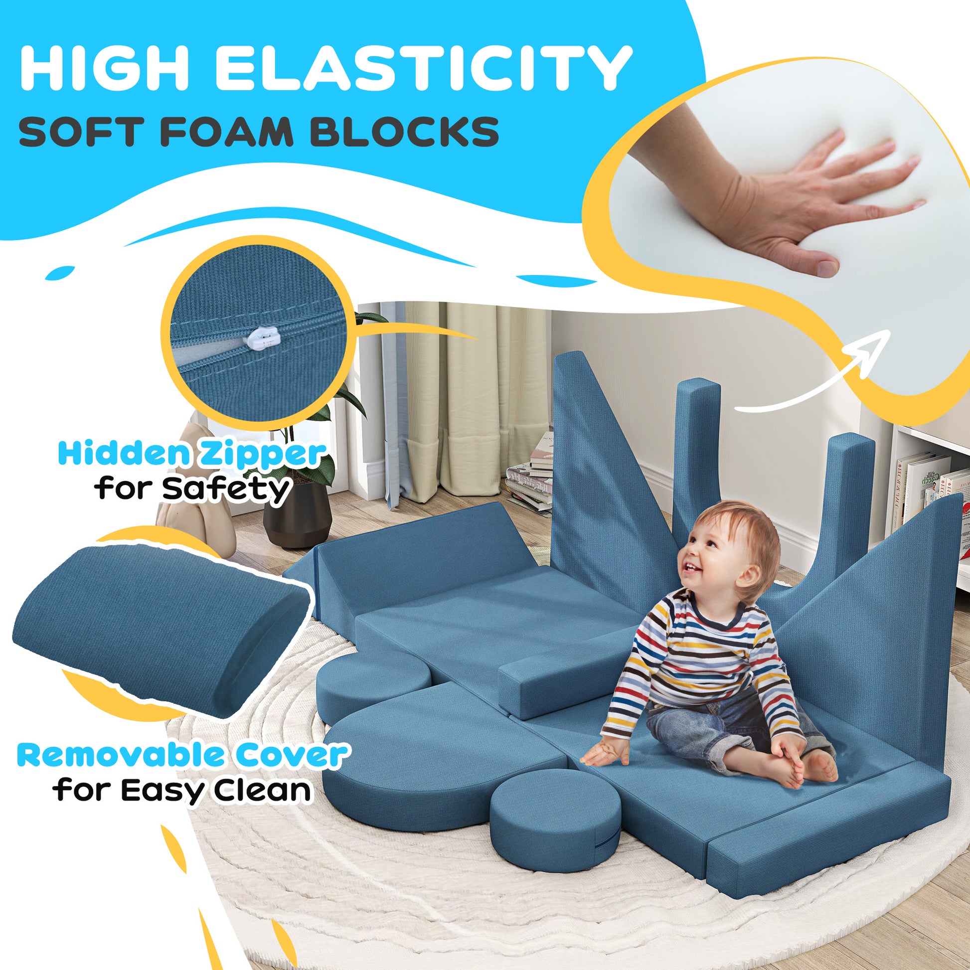 Qaba 12-Piece Modular Kids Play Couch Building Fort for Playroom Bedroom, Convertible Kids Sofa, Blue