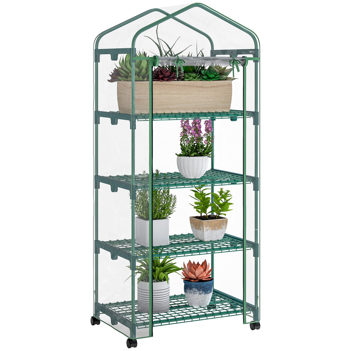 27" x 20" x 65" Portable Greenhouse with 4 Tier Shelves and Wheels, Outdoor Hot House Plant Flower Greenhouse, Steel Fra