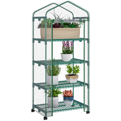 27" x 20" x 65" Portable Greenhouse with 4 Tier Shelves and Wheels, Outdoor Hot House Plant Flower Greenhouse, Steel Fra