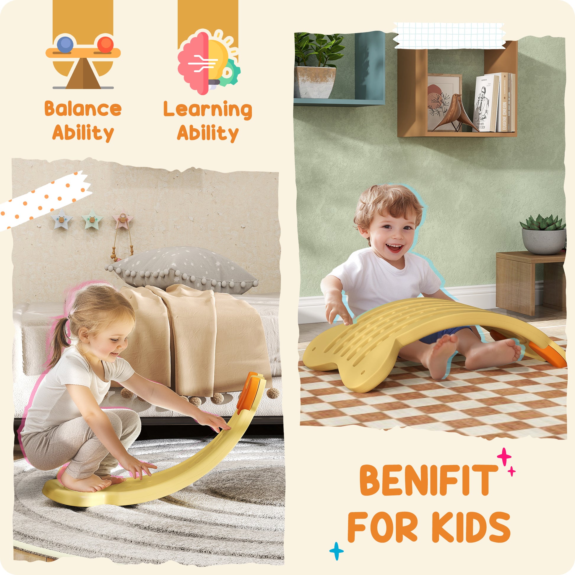 Qaba 24.4" Kids Balance Board, Wobble Board Toddler Curved Rocker, Preschool Balance & Sensory Play Toy, Ages 3-6, Yello