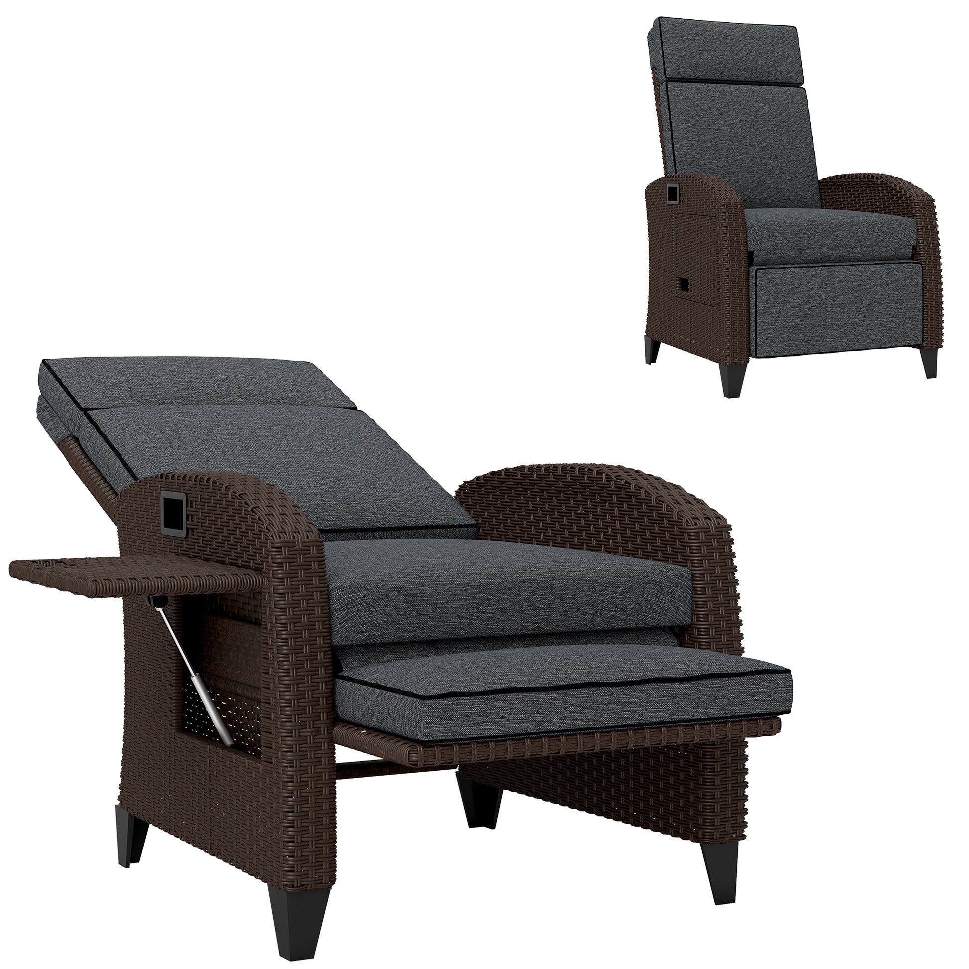 Outdoor Recliner Chair with Adjustable Backrest, Cushion, Side Tray, Dark Grey