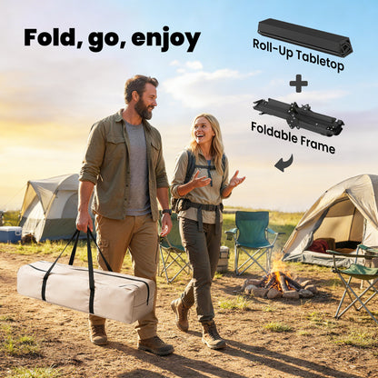4ft Folding Camping Table, Waterproof Picnic Table with Roll Up Top, Carry Bag and Metal Frame, Black