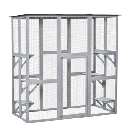 Large Outdoor Catio Enclosure, Weatherproof Cat House with Asphalt Roof,  Wooden Cat Patio Cage with 6 Balanced Platform