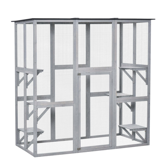 Large Outdoor Catio Enclosure, Weatherproof Cat House with Asphalt Roof,  Wooden Cat Patio Cage with 6 Balanced Platform