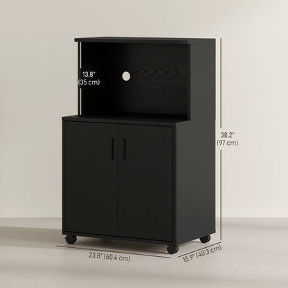 Microwave Cart on Wheels Utility Trolley Storage Sideboard Bookcase with 2-door Cabinet, Black Wood Grain