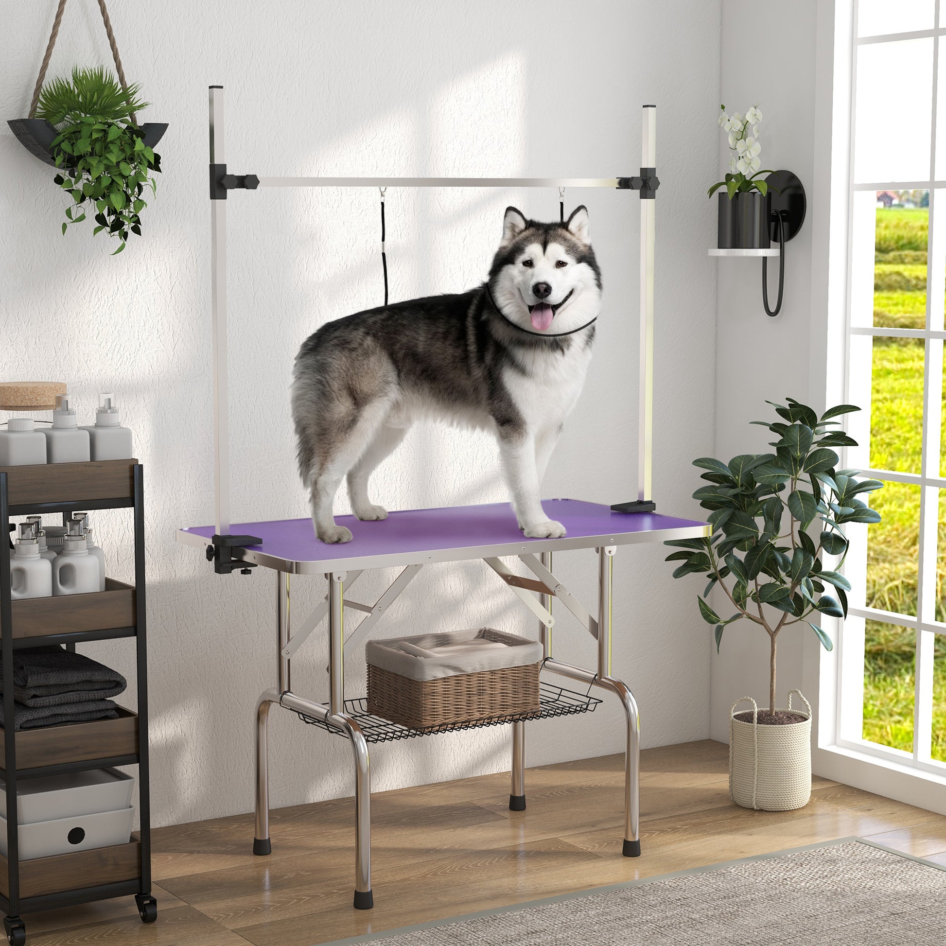 Adjustable Dog Grooming Table with 2 Safety Slings, Storage Basket, Purple