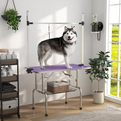 Adjustable Dog Grooming Table with 2 Safety Slings, Storage Basket, Purple