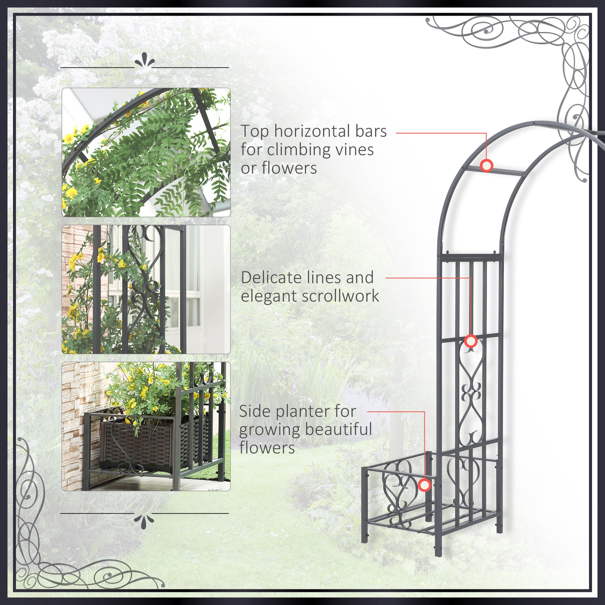 7FT Metal Garden Arch with 2 Planter Boxes, Decorative Outdoor Walkway Arbor for Climbing Vine Plants for Patio Backyard