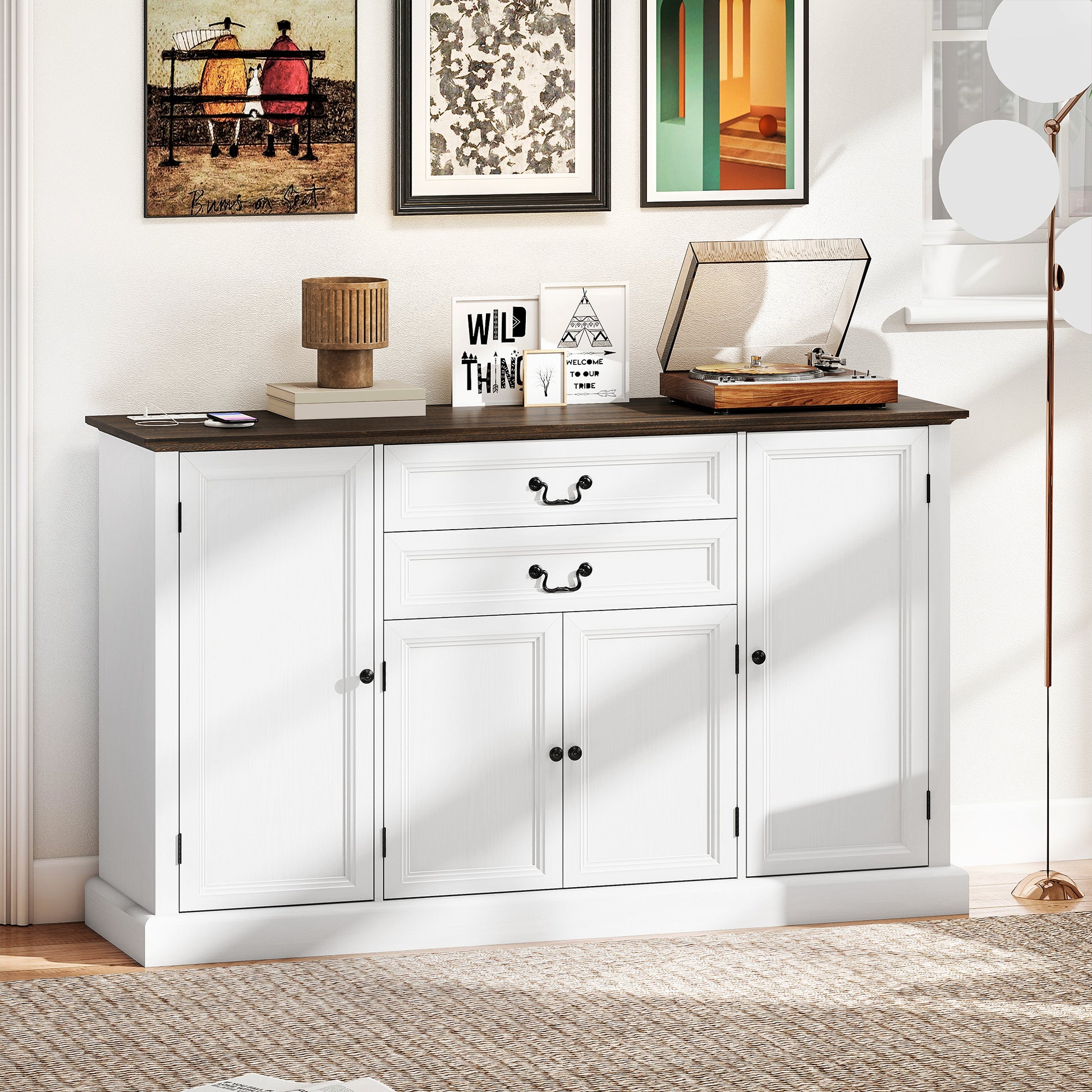 Farmhouse Sideboard with Charging Station and Thickened Top, 58" Buffet Cabinet with 2 Soft-Close Drawers, White