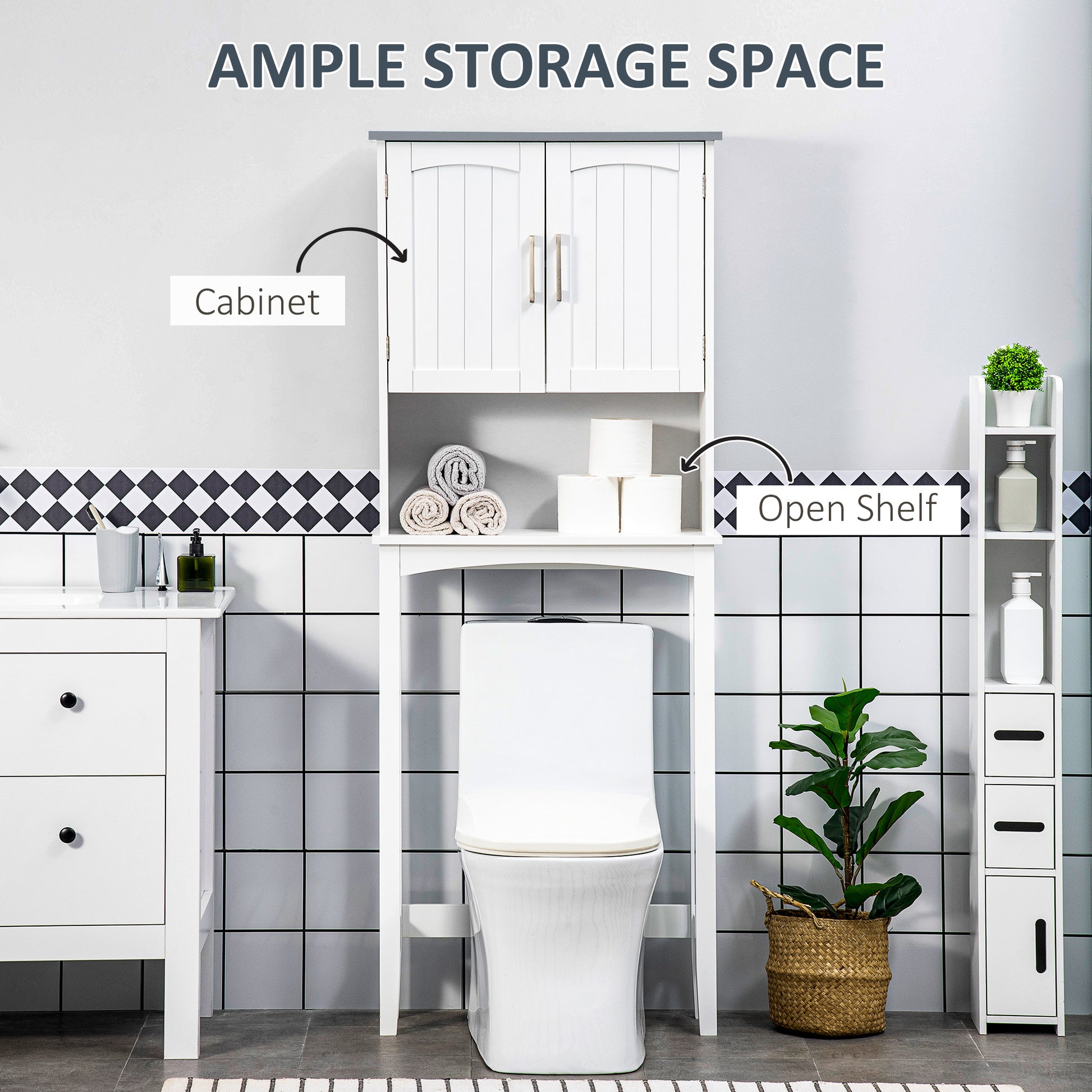 Modern Over The Toilet Storage Cabinet, Double Door Over Toilet Bathroom Organizer with Adjustable Shelf and Open Shelf,